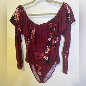 Floral Burgundy Off-Shoulder Women's bodysuit top 2x